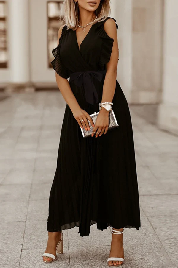 Casual solid color split V-neck cake dress evening dress