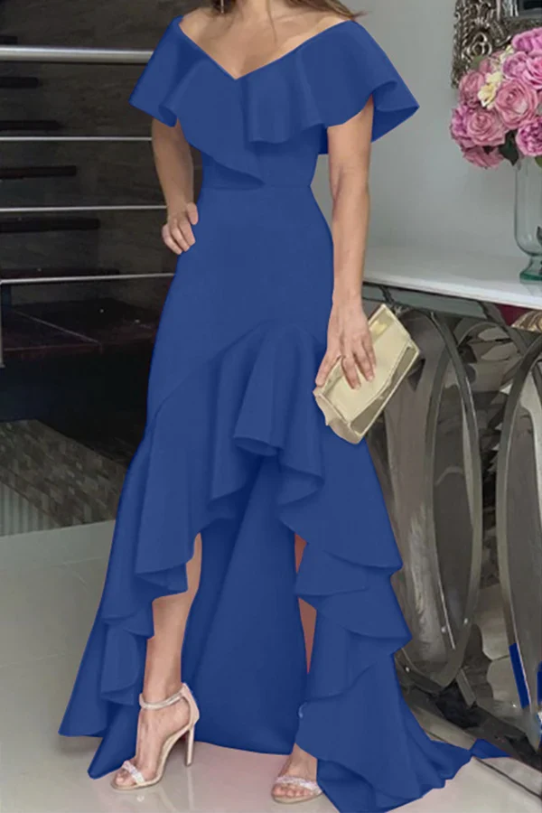 Fashionable solid color ruffled edge off shoulder irregular evening dress
