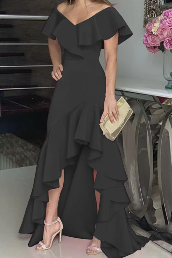 Fashionable solid color ruffled edge off shoulder irregular evening dress