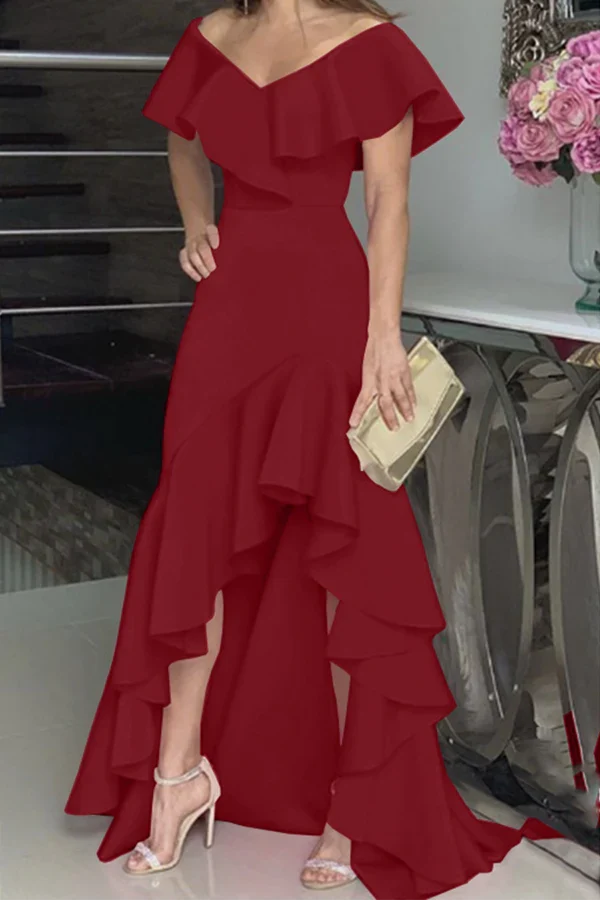 Fashionable solid color ruffled edge off shoulder irregular evening dress