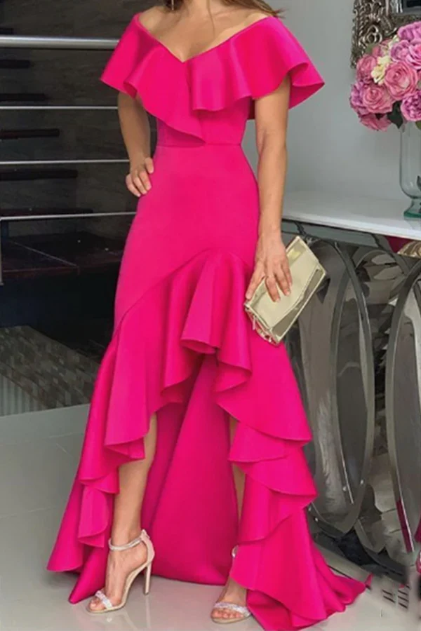 Fashionable solid color ruffled edge off shoulder irregular evening dress