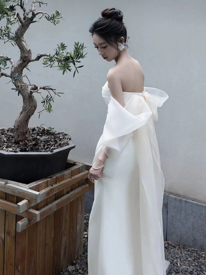 Elegant White Strapless Prom Dress High Slit Fairy Wedding Guest Gown Maxi Dress