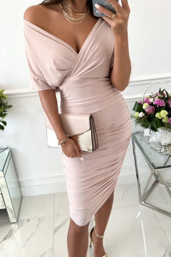 Fashionable solid color split splicing V-neck high waisted skirt for evening dress