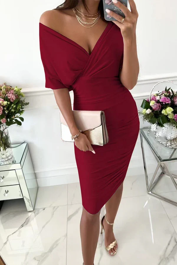 Fashionable solid color split splicing V-neck high waisted skirt for evening dress
