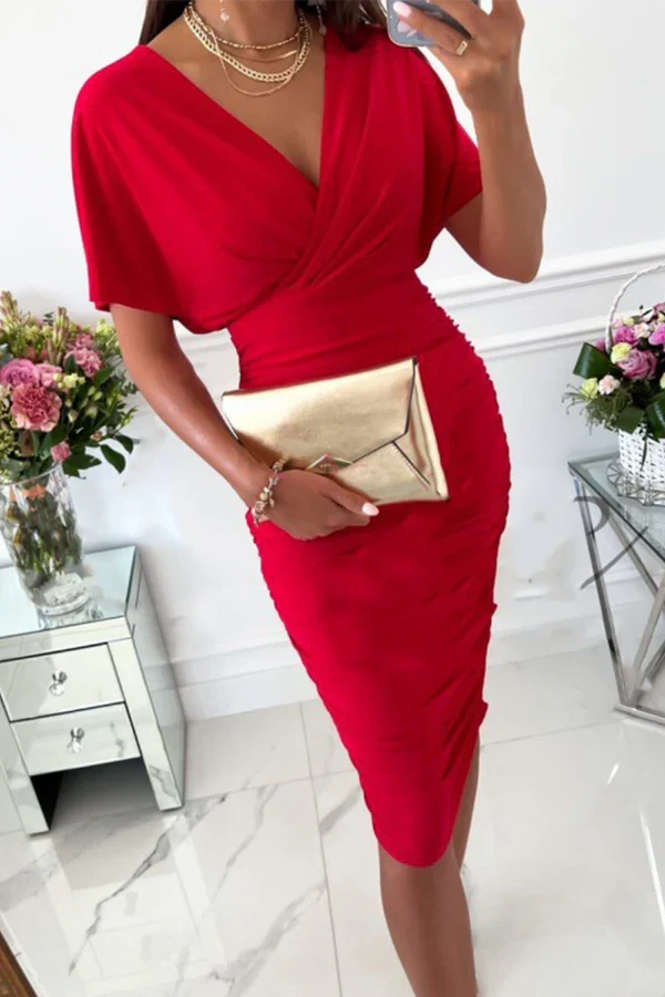 Fashionable solid color split splicing V-neck high waisted skirt for evening dress
