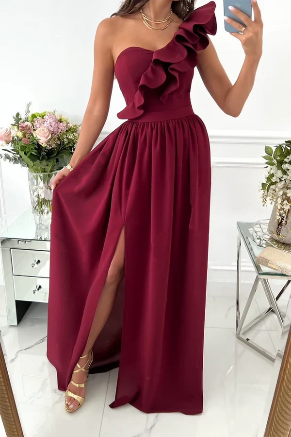 Leisure solid color ruffled edge one shoulder cake skirt evening dress