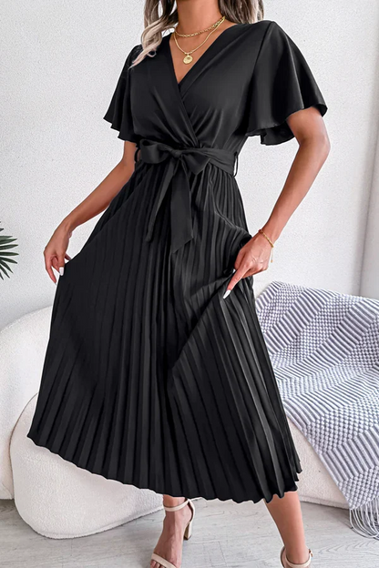 Casual solid color pleated V-neck high waisted skirt for evening dress
