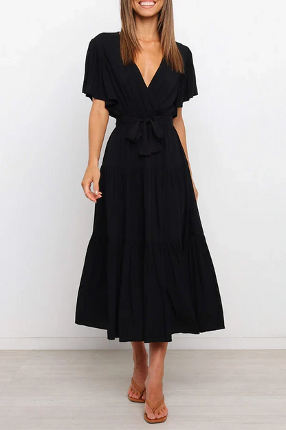 Leisure solid color patchwork V-neck cake dress evening dress