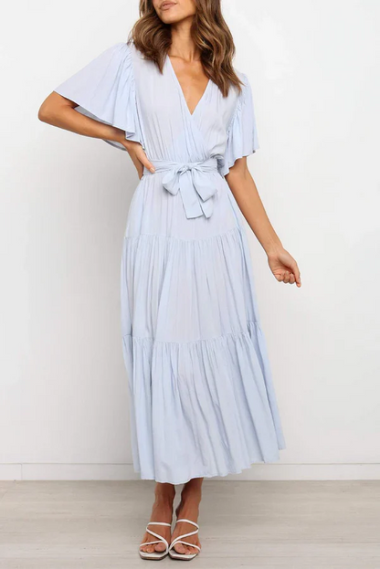 Leisure solid color patchwork V-neck cake dress evening dress