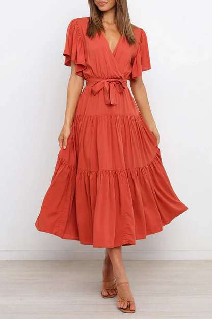 Leisure solid color patchwork V-neck cake dress evening dress