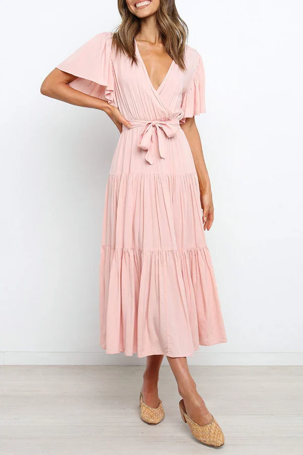 Leisure solid color patchwork V-neck cake dress evening dress