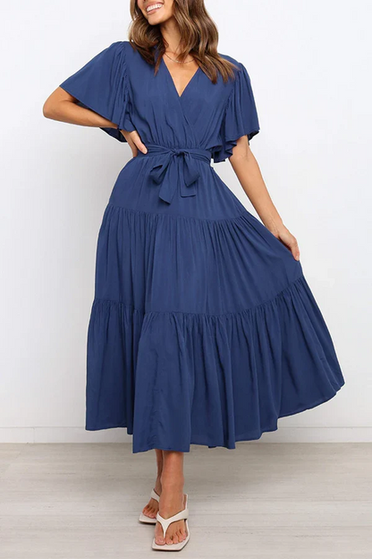 Leisure solid color patchwork V-neck cake dress evening dress