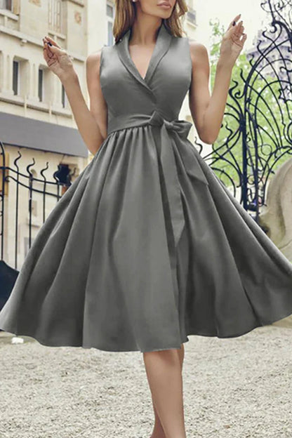 Fashionable and sexy solid color tie up V-neck A-line evening dress