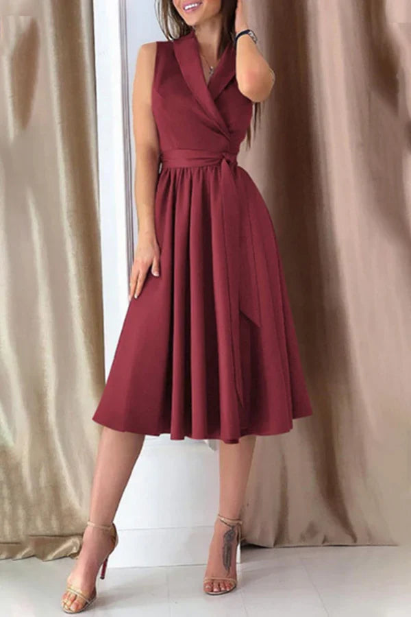 Fashionable and sexy solid color tie up V-neck A-line evening dress