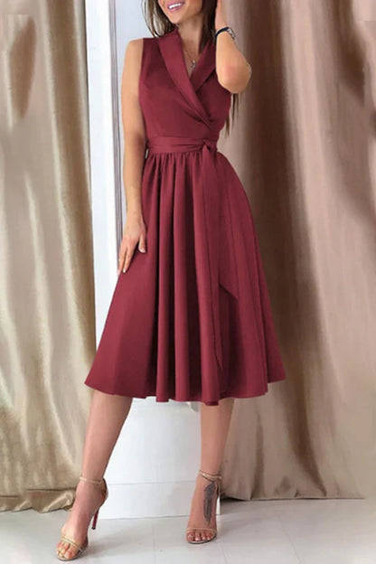 Fashionable and sexy solid color tie up V-neck A-line evening dress