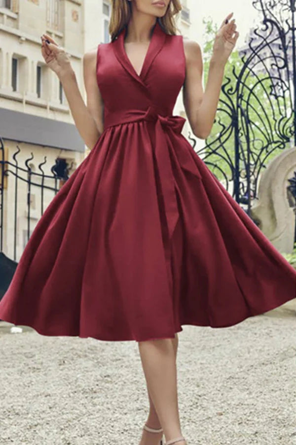 Fashionable and sexy solid color tie up V-neck A-line evening dress