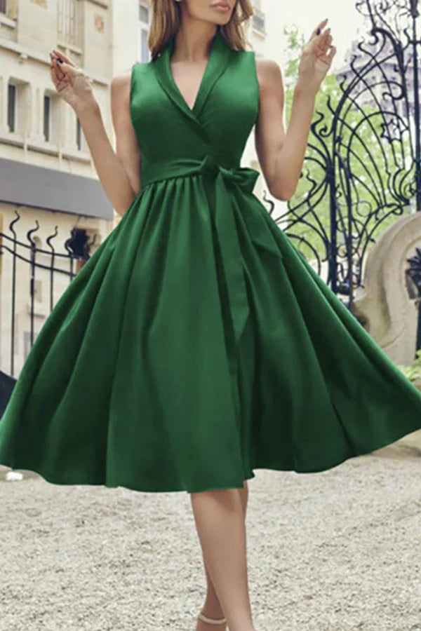 Fashionable and sexy solid color tie up V-neck A-line evening dress