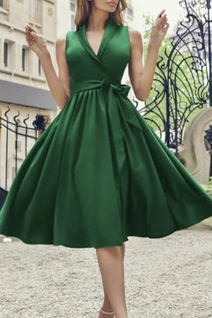 Fashionable and sexy solid color tie up V-neck A-line evening dress