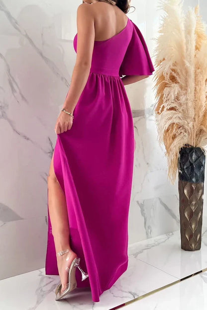 Sexy and elegant solid color patchwork slit with diagonal collar and straight leg evening dress