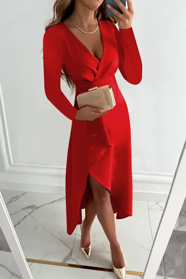 Fashionable solid color patchwork V-neck asymmetrical evening dress