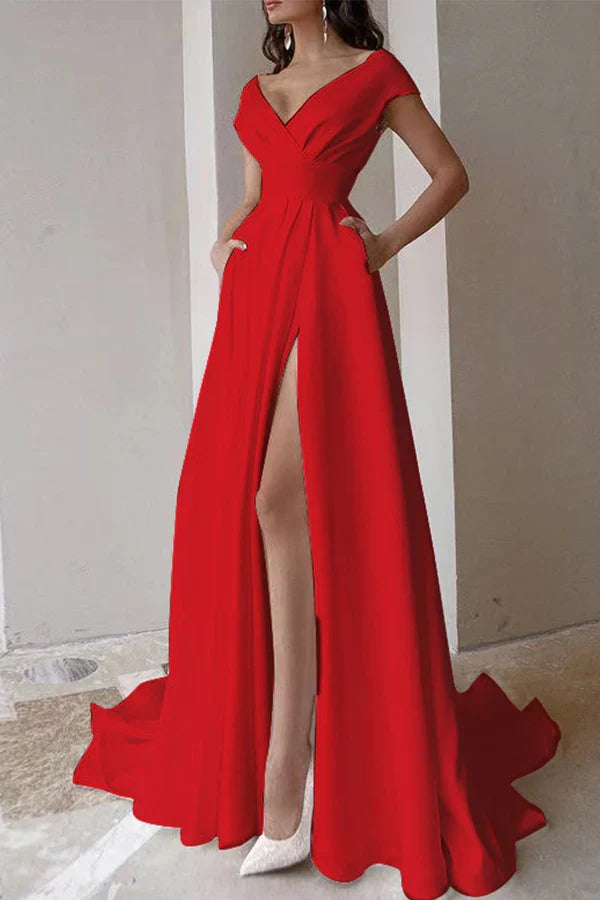Elegant solid color asymmetrical V-neck evening dress