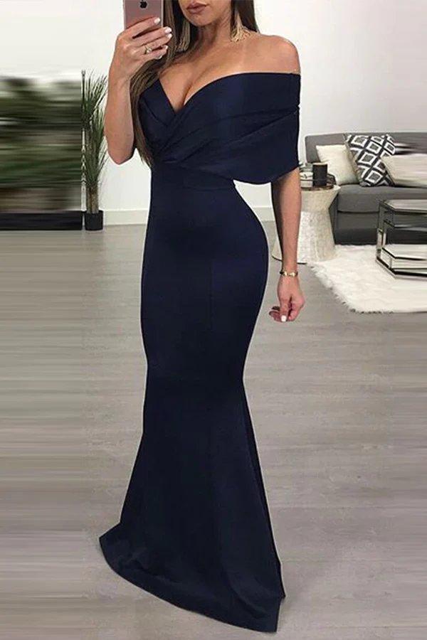 Leisure solid color patchwork off shoulder speaker fishtail evening dress