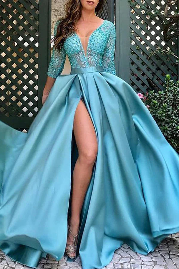 Elegant solid color sequin patchwork V-neck evening dress