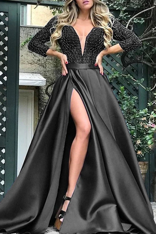 Elegant solid color sequin patchwork V-neck evening dress