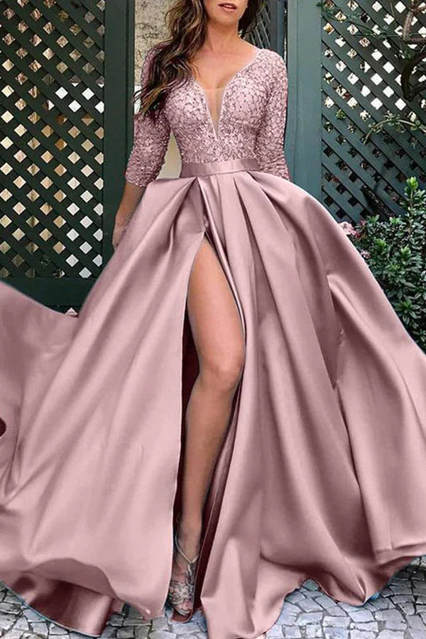 Elegant solid color sequin patchwork V-neck evening dress