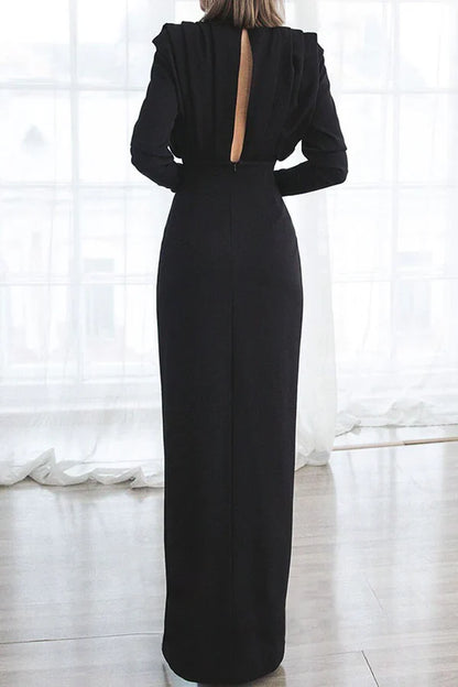 Elegant solid color patchwork with exposed back slit foldable O-neck straight leg evening dress