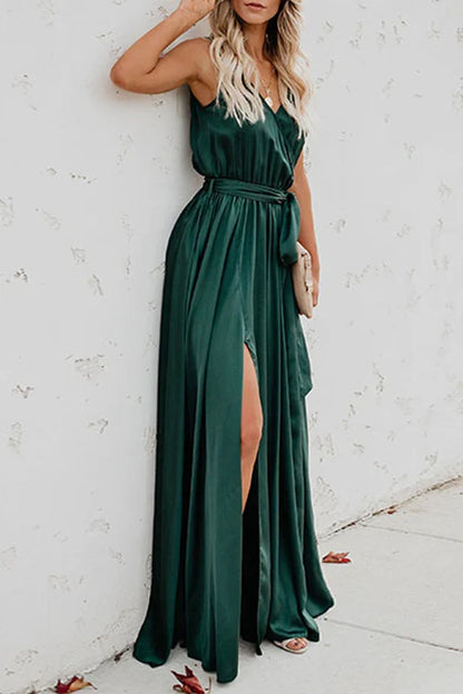 Elegant solid color high opening V-neck sleeveless evening dress