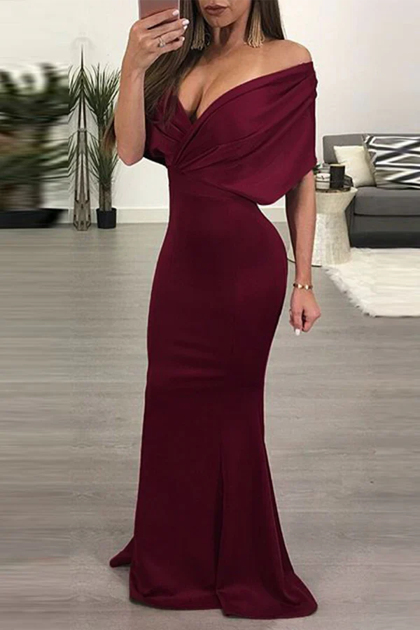 Leisure solid color patchwork off shoulder speaker fishtail evening dress