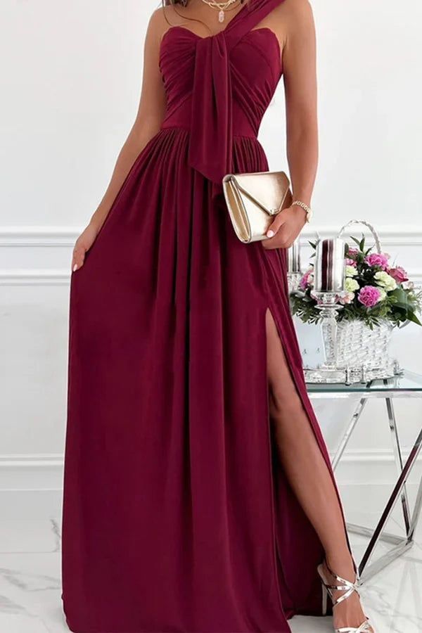 Elegant Formal Solid Color Asymmetric Solid Color One Shoulder Irregular Evening Dress