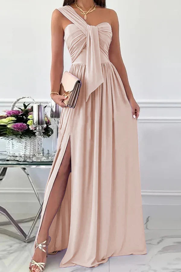 Elegant Formal Solid Color Asymmetric Solid Color One Shoulder Irregular Evening Dress
