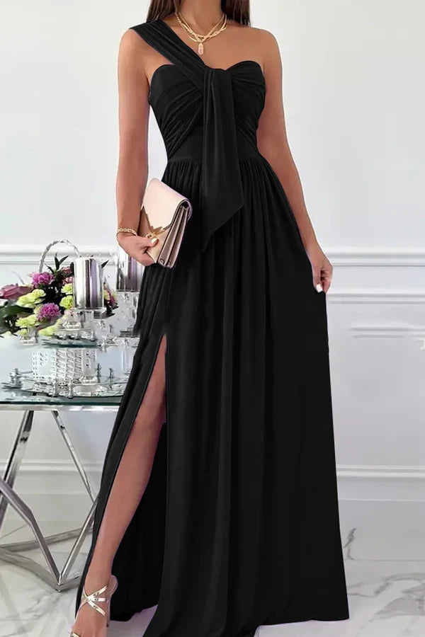 Elegant Formal Solid Color Asymmetric Solid Color One Shoulder Irregular Evening Dress