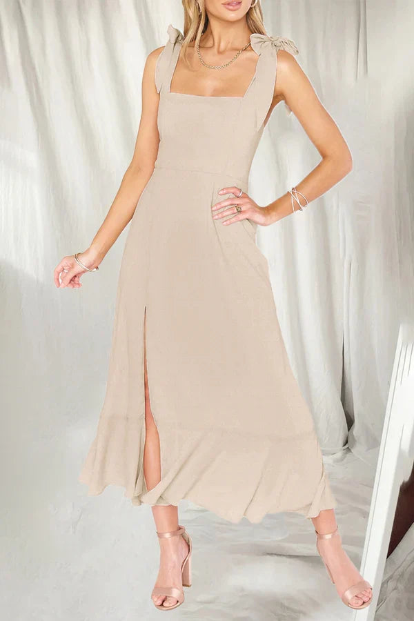 Elegant and minimalist solid color slit solid color square collar A-line evening dress
