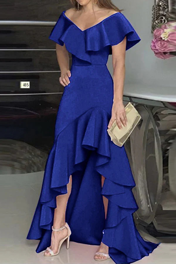 Elegant solid color ruffled V-neck irregular evening dress