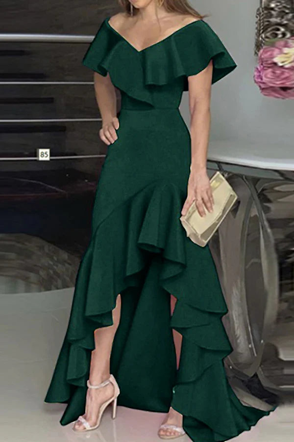 Elegant solid color ruffled V-neck irregular evening dress