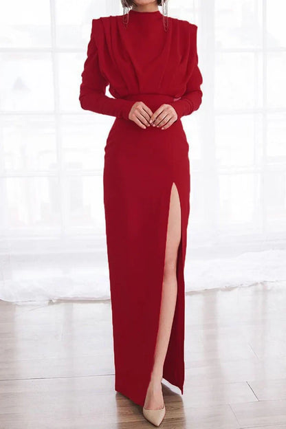 Elegant solid color patchwork with exposed back slit foldable O-neck straight leg evening dress
