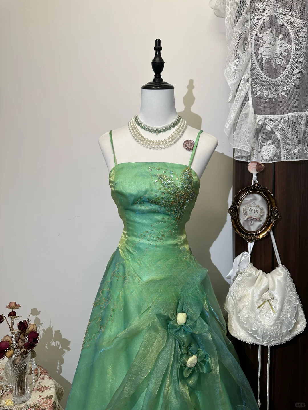 Vintage Green A-Line Beaded Spaghetti Strap Evening Dress A-Line 3D Flowers Long Prom Dress TP4991