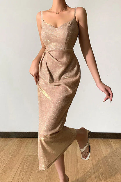 Sexy elegant solid color sequins V-neck strap evening dress