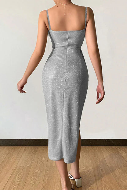 Sexy elegant solid color sequins V-neck strap evening dress