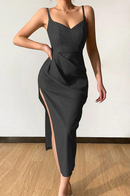 Sexy elegant solid color sequins V-neck strap evening dress