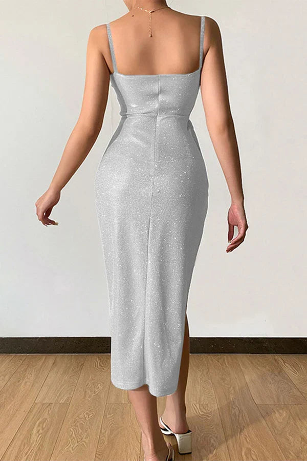 Sexy elegant solid color sequins V-neck strap evening dress