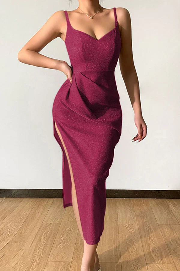 Sexy elegant solid color sequins V-neck strap evening dress