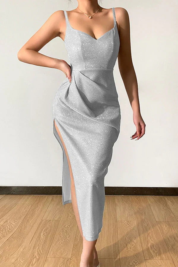 Sexy elegant solid color sequins V-neck strap evening dress