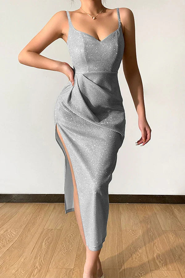 Sexy elegant solid color sequins V-neck strap evening dress