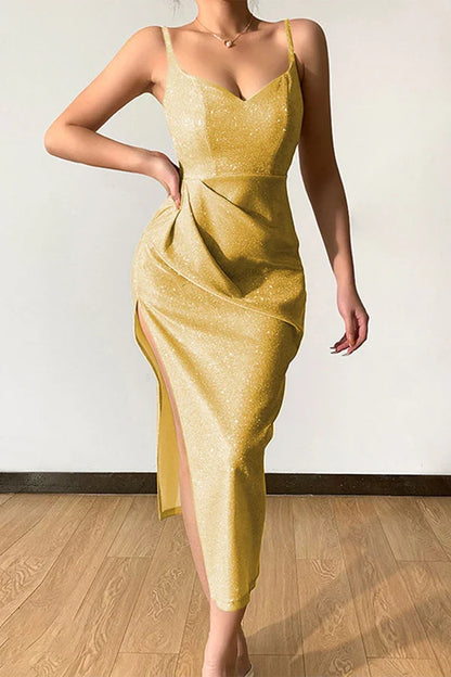 Sexy elegant solid color sequins V-neck strap evening dress