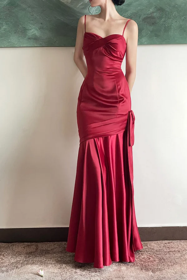 Vintage Burgundy Satin Spaghetti Strap Mermaid Evening Gown Ruched Sweetheart Prom Dress TP5843
