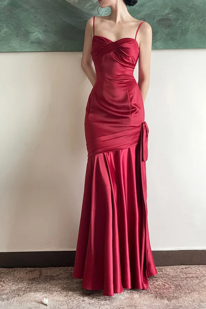Vintage Burgundy Satin Spaghetti Strap Mermaid Evening Gown Ruched Sweetheart Prom Dress TP5843